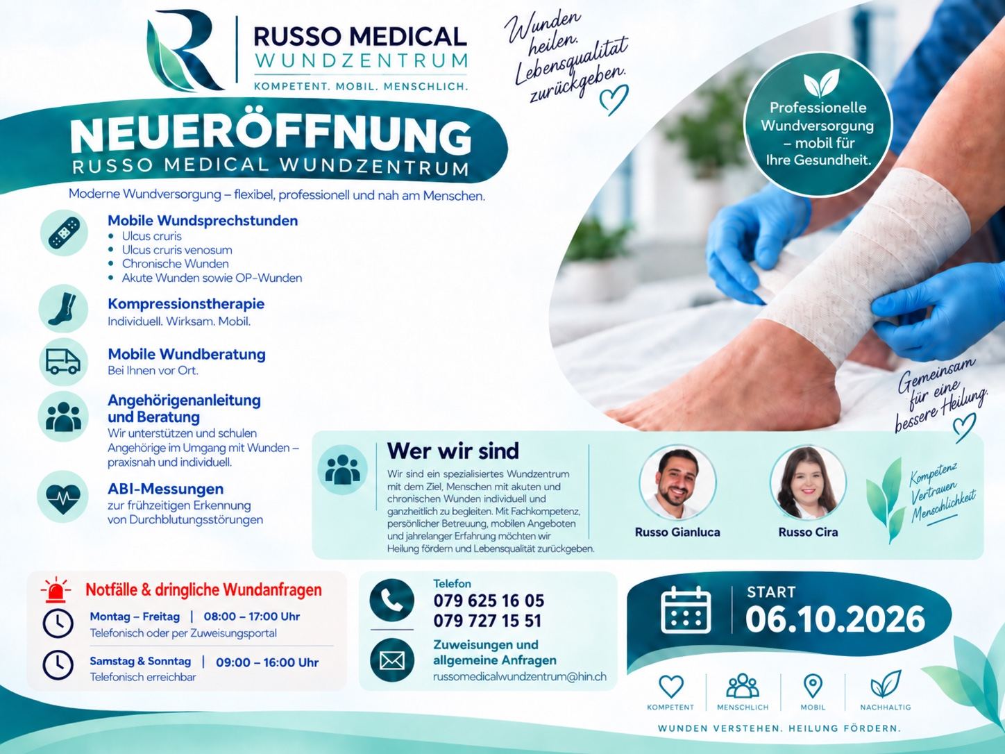 Informationsflyer Russo Medical Wundzentrum mit Leistungen, Team und Kontaktangaben